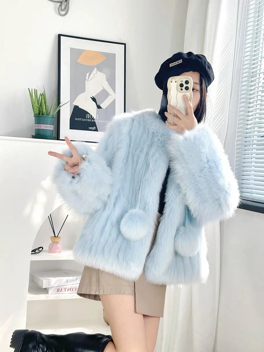 2023 autumn and winter Haining new fur coat for women imported fox fur stripes small short style fashionable young style