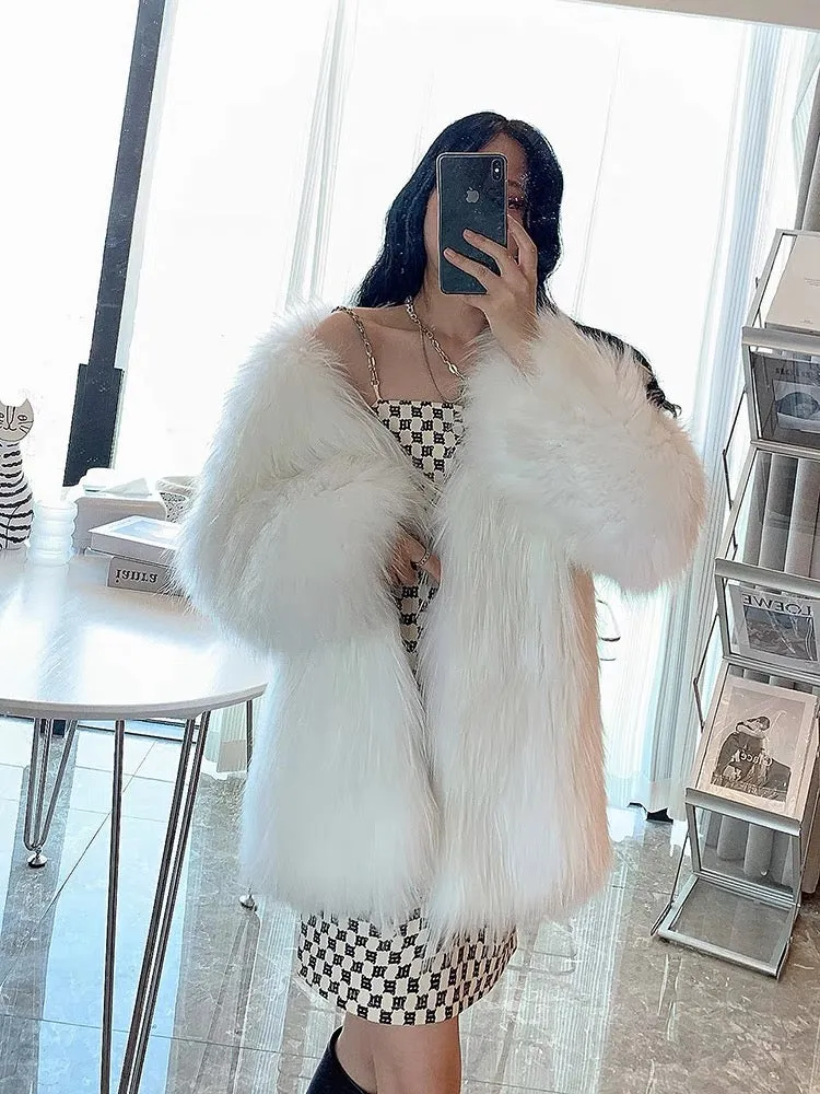 2023 winter new raccoon fur double-sided woven fur coat for women, medium-length, young and fashionable fox fur coat