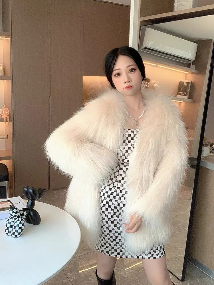 2023 winter new raccoon fur double-sided woven fur coat for women, medium-length, young and fashionable fox fur coat