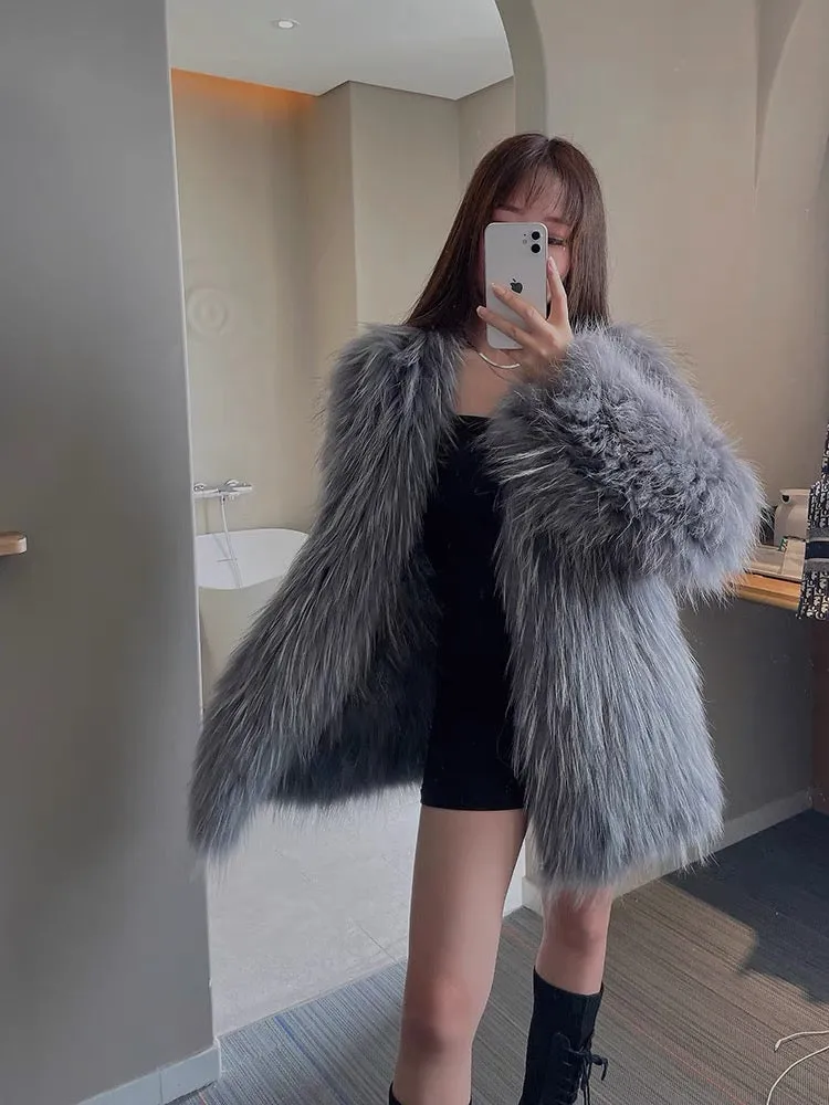 2023 winter new style raccoon fox fur double-sided braided fur coat for women young medium and long Haining fashion coat