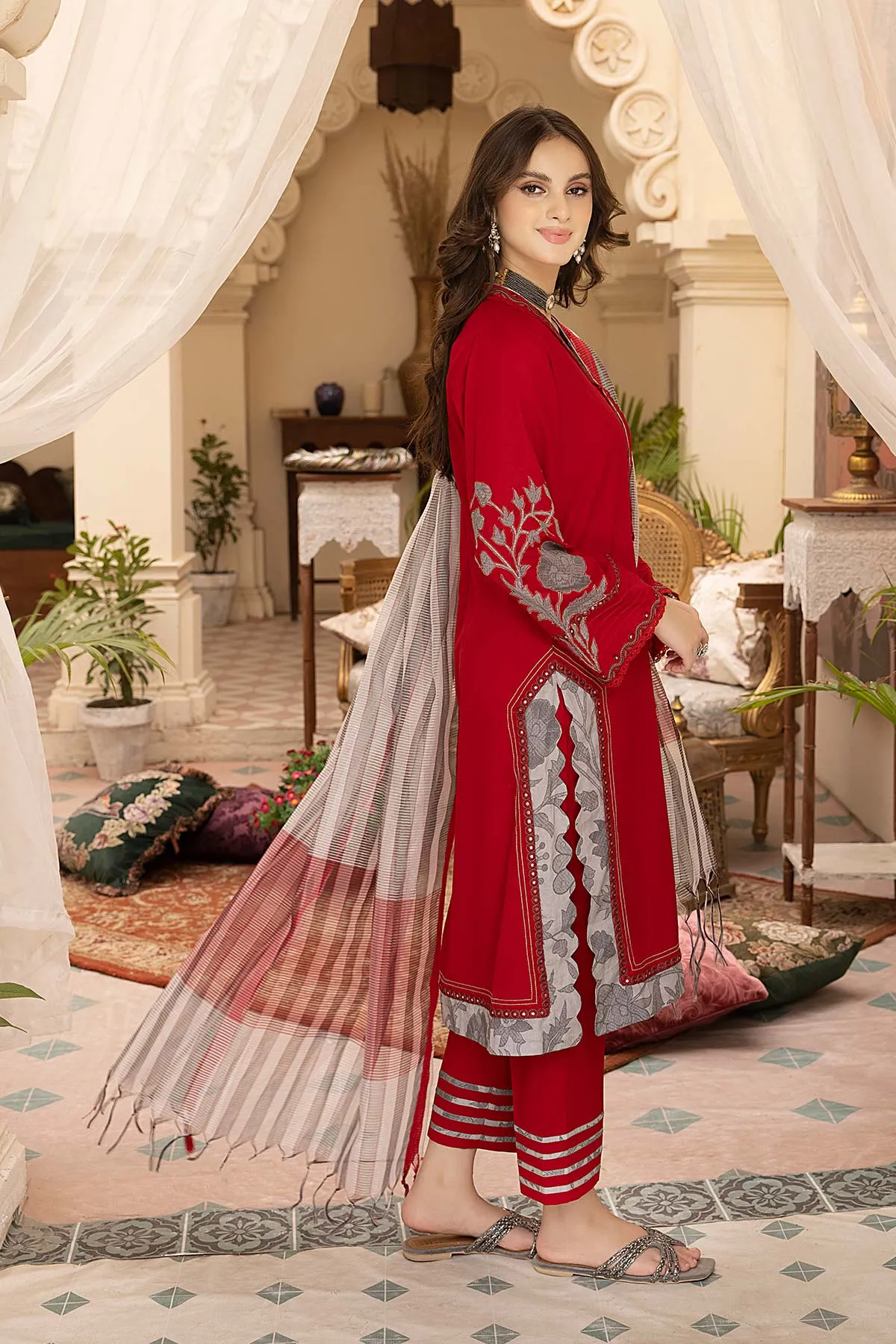 3-Pc Lawn Embroidered Shirt With Straight Trouser and Cotton Zari Dupatta EDP23-27