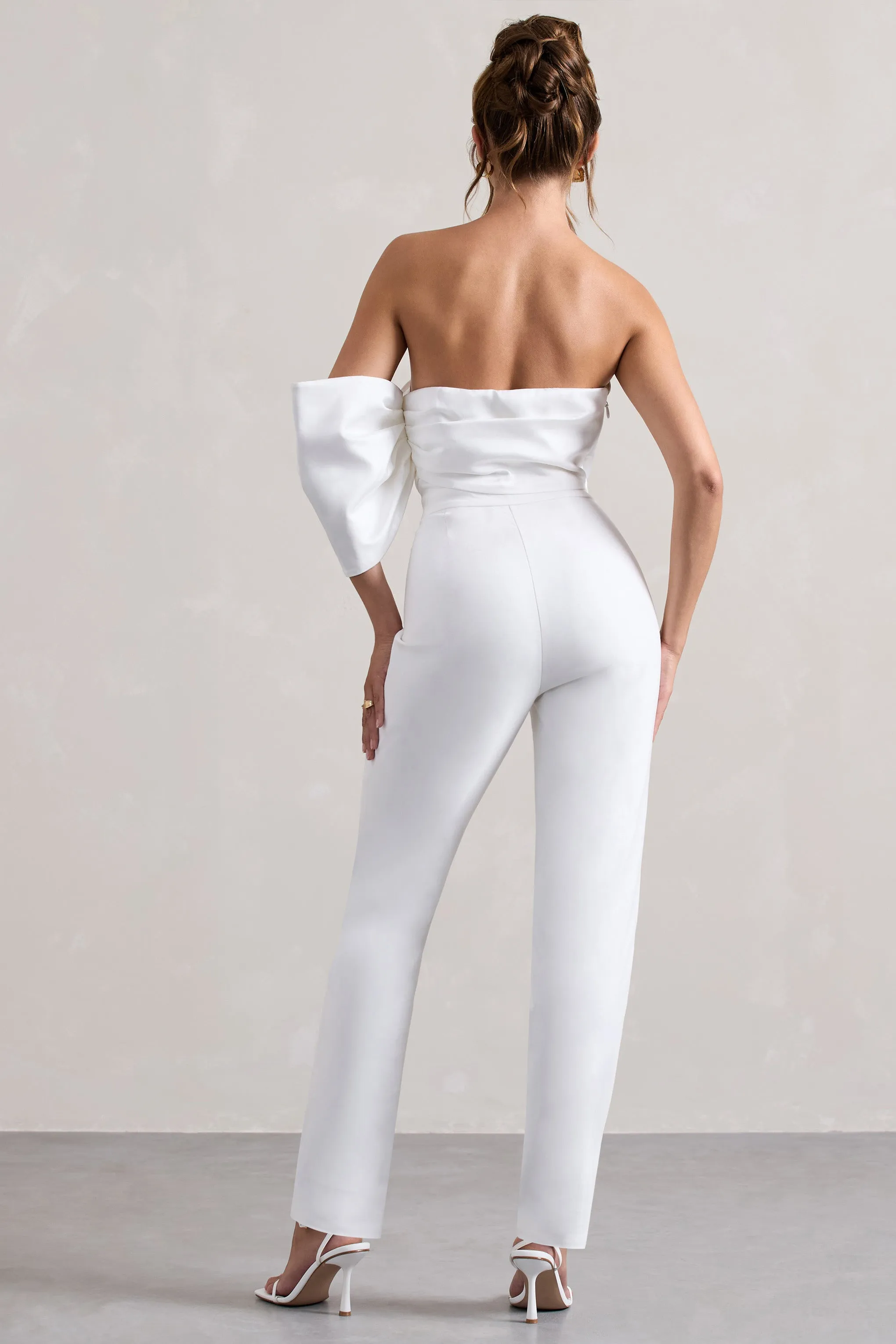 Adabella | White Satin Strapless One-Sleeve Straight-Leg Jumpsuit