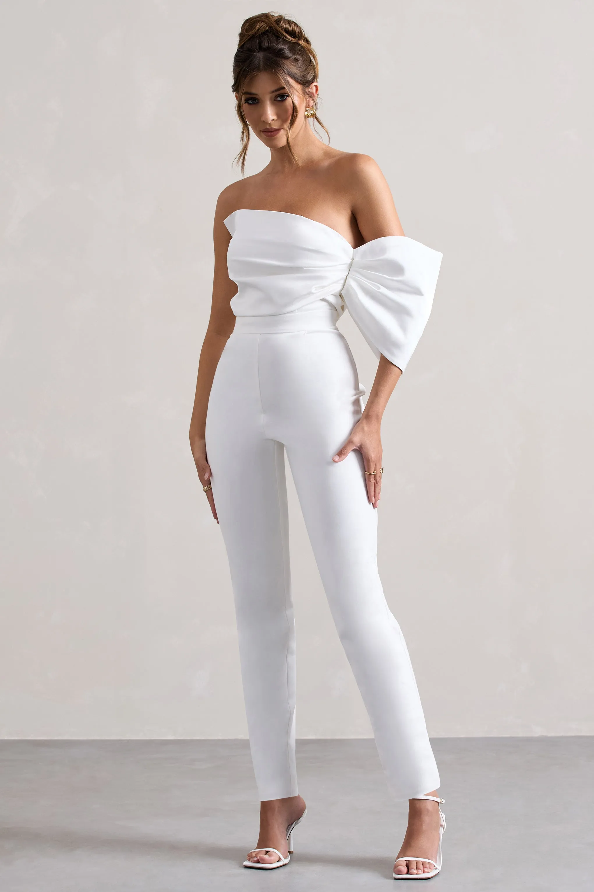 Adabella | White Satin Strapless One-Sleeve Straight-Leg Jumpsuit