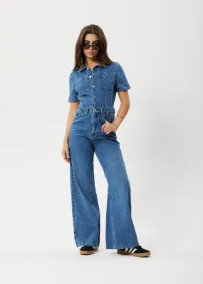 AFENDS Womens Miami - Denim Flared Jumpsuit - Authentic Blue