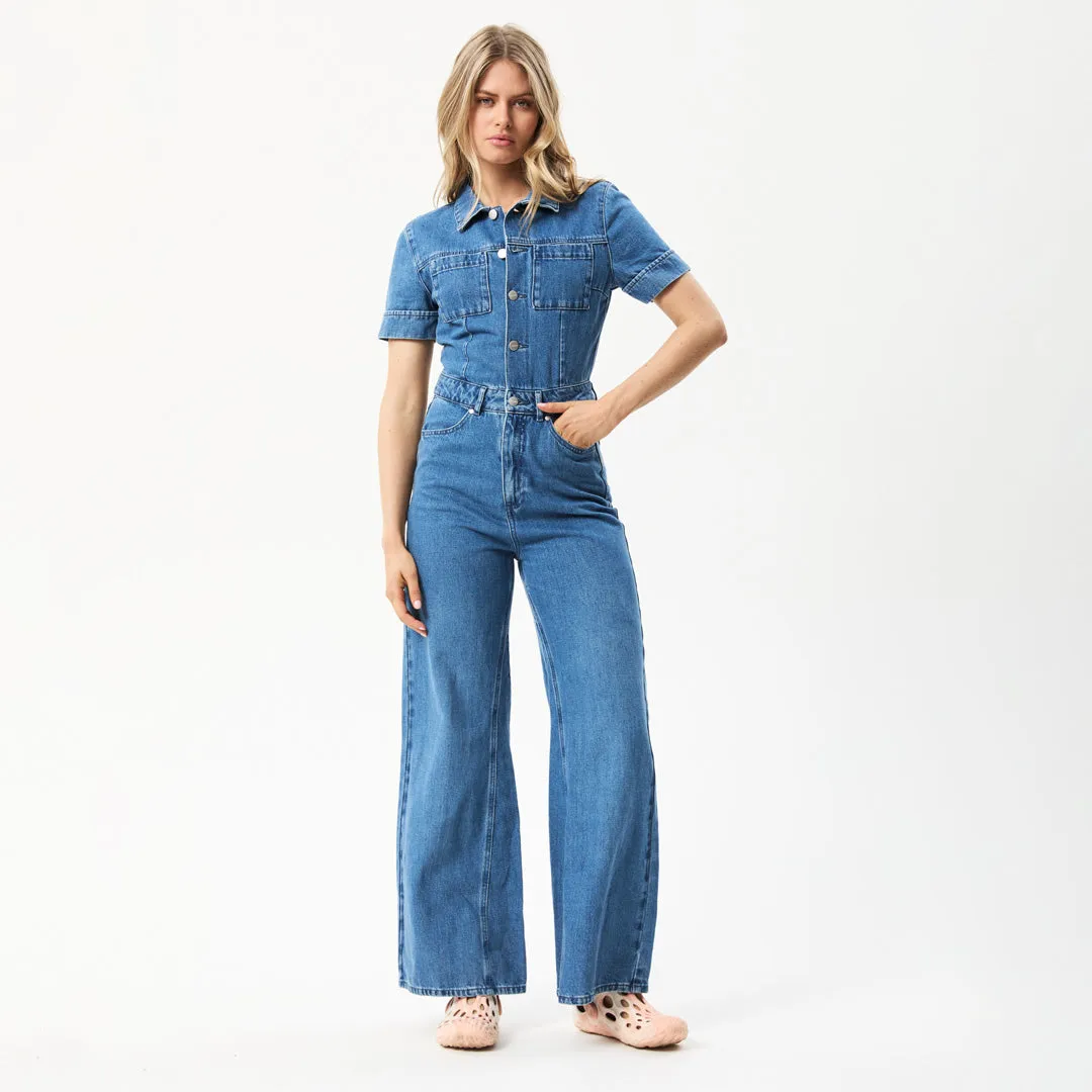 AFENDS Womens Miami - Denim Flared Jumpsuit - Authentic Blue