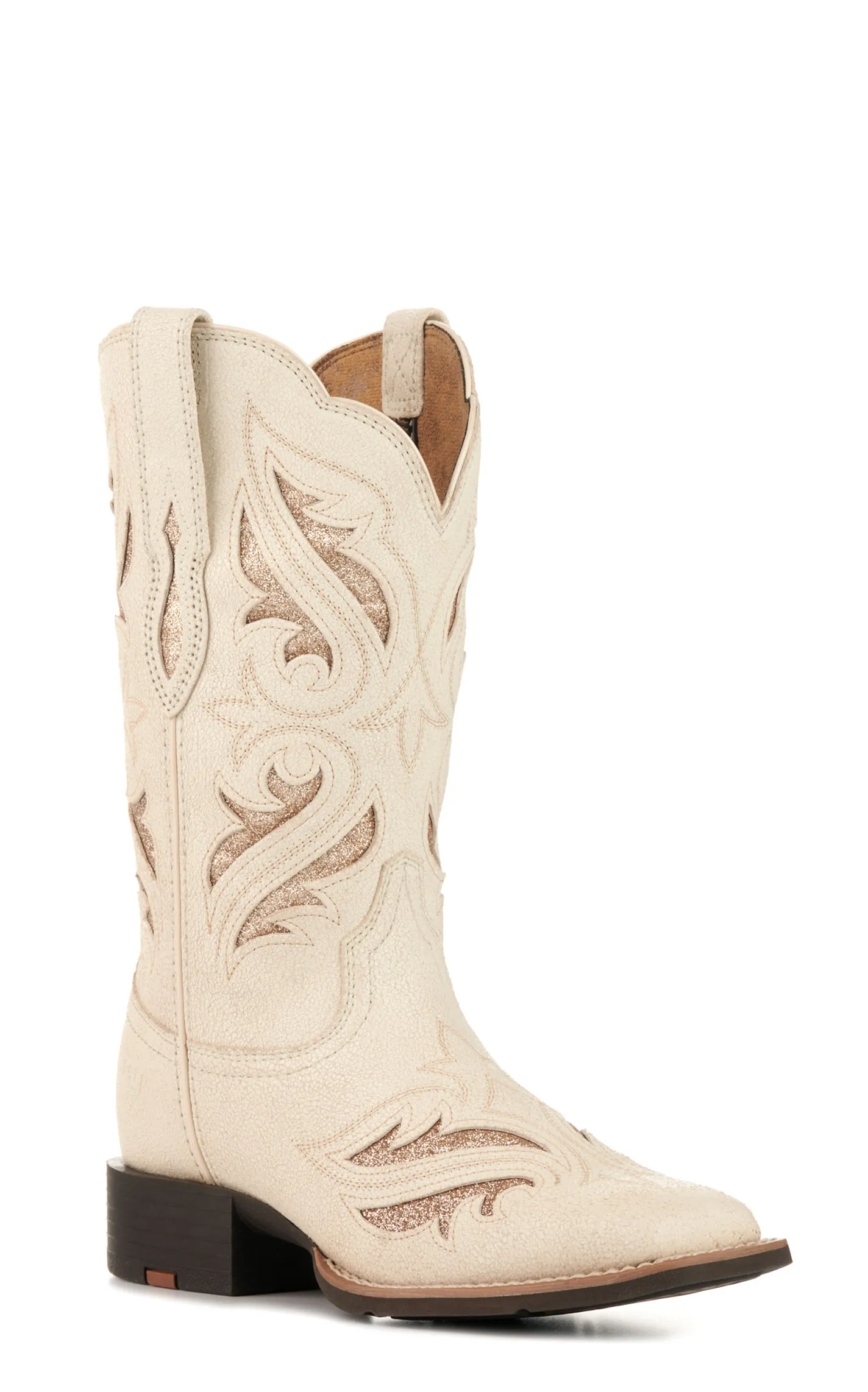 Ariat Women's Round Up Bliss Distressed Ivory with Gold Glitter Wide Square Toe Cowboy Boots