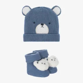 Baby Boys Blue Cotton Bear Hat Set