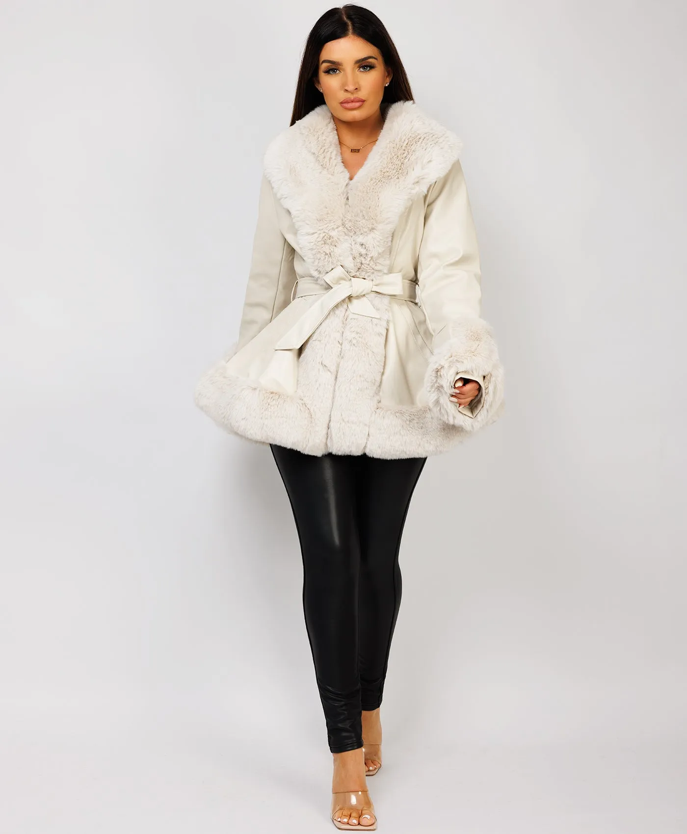 Beige Faux Fur Vegan Leather Swing Coat Jacket