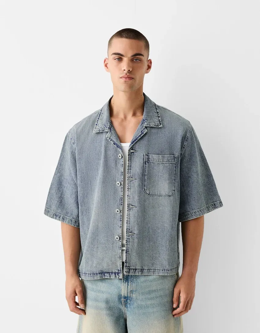 Bershka  |Denim Short Sleeves Shirts