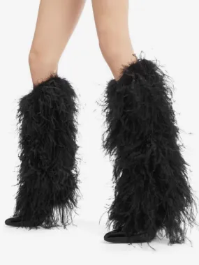 Black Faux Feather Knee High Boots Women's Pointed Toe High Heel Boots