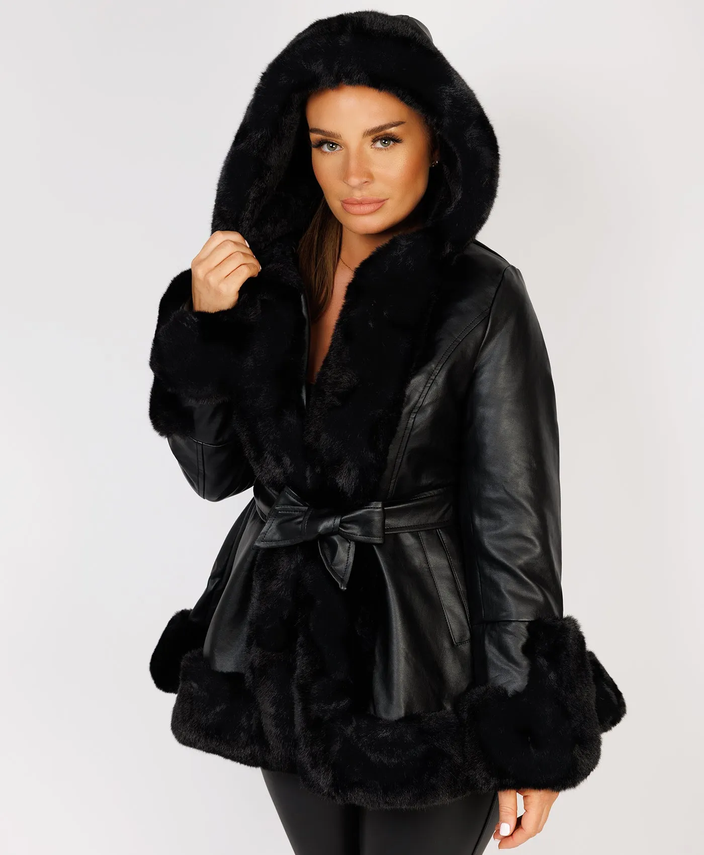 Black Faux Fur Vegan Leather Hooded Swing Coat Jacket