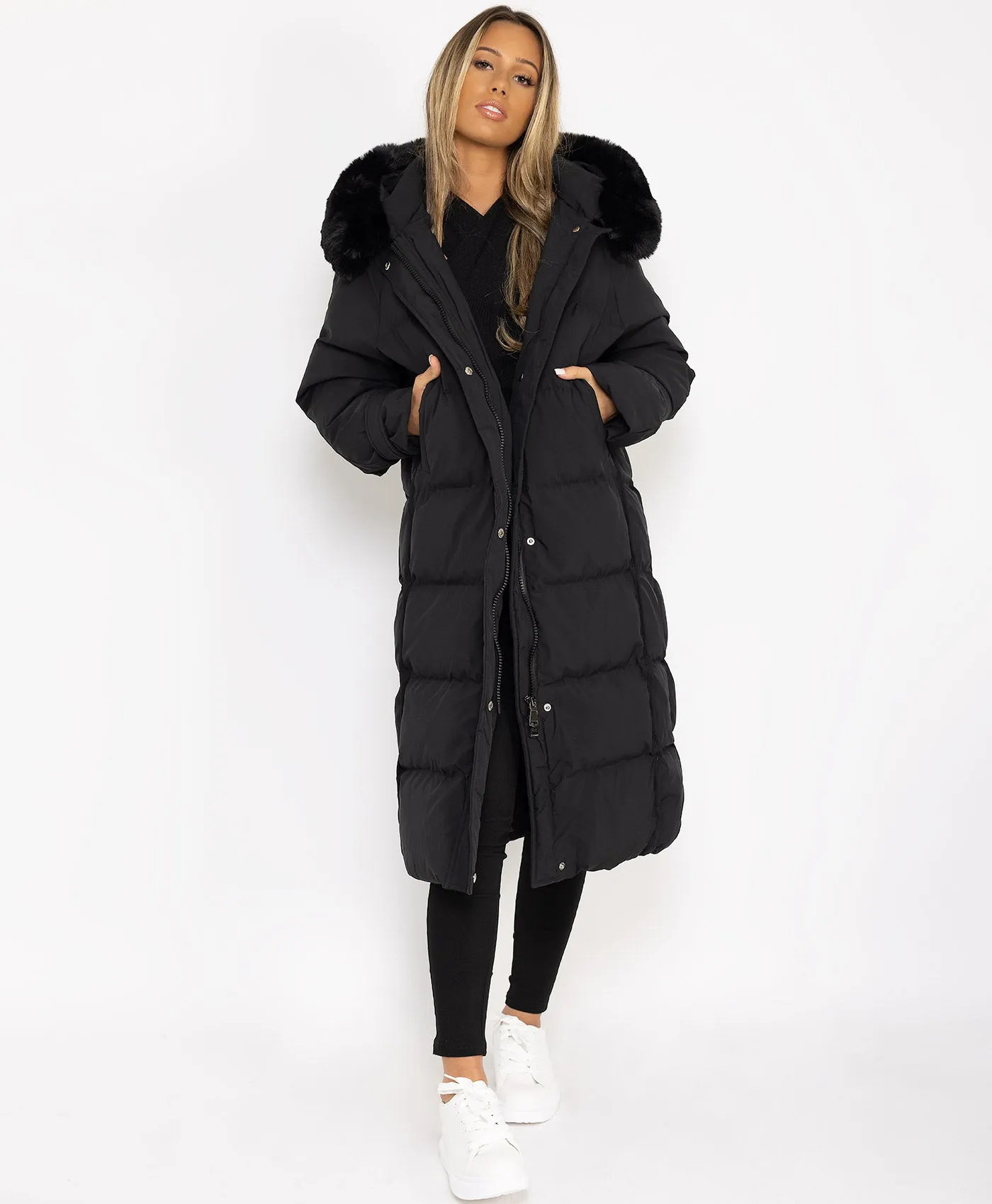 Black Longline Faux Fur Hooded Oversize Padded Coat Jacket