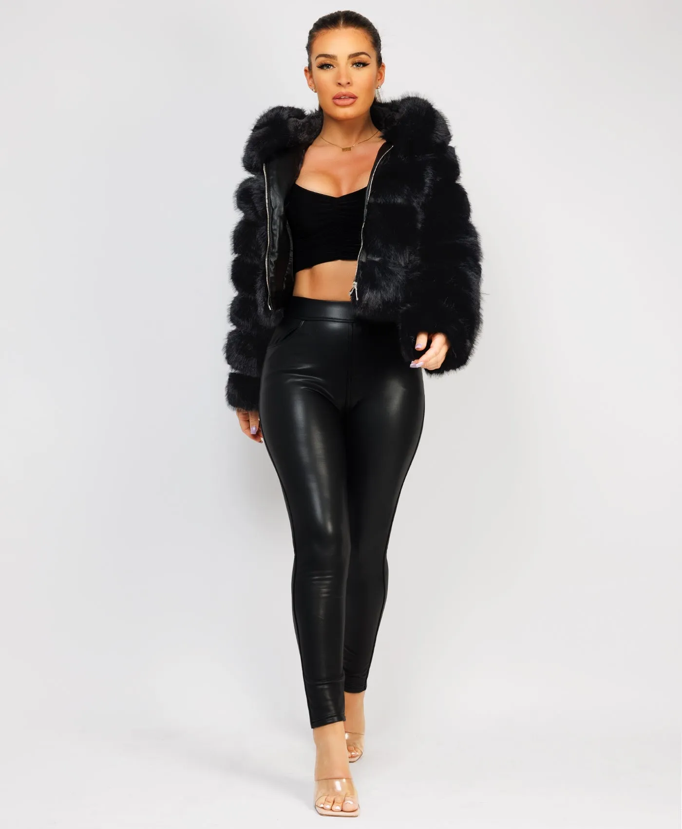 Black Premium Hooded Faux Fur Tiered Coat Jacket