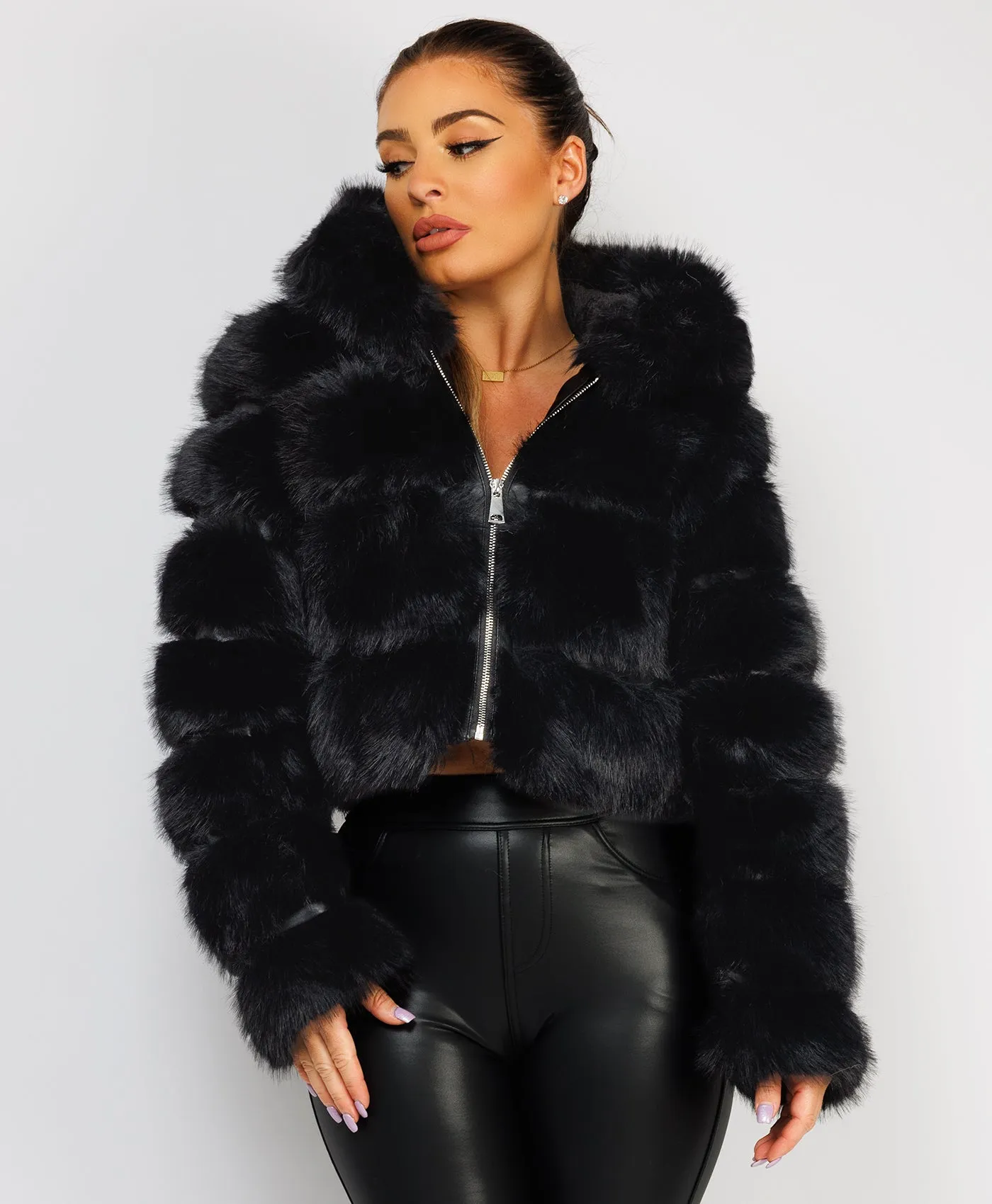 Black Premium Hooded Faux Fur Tiered Coat Jacket