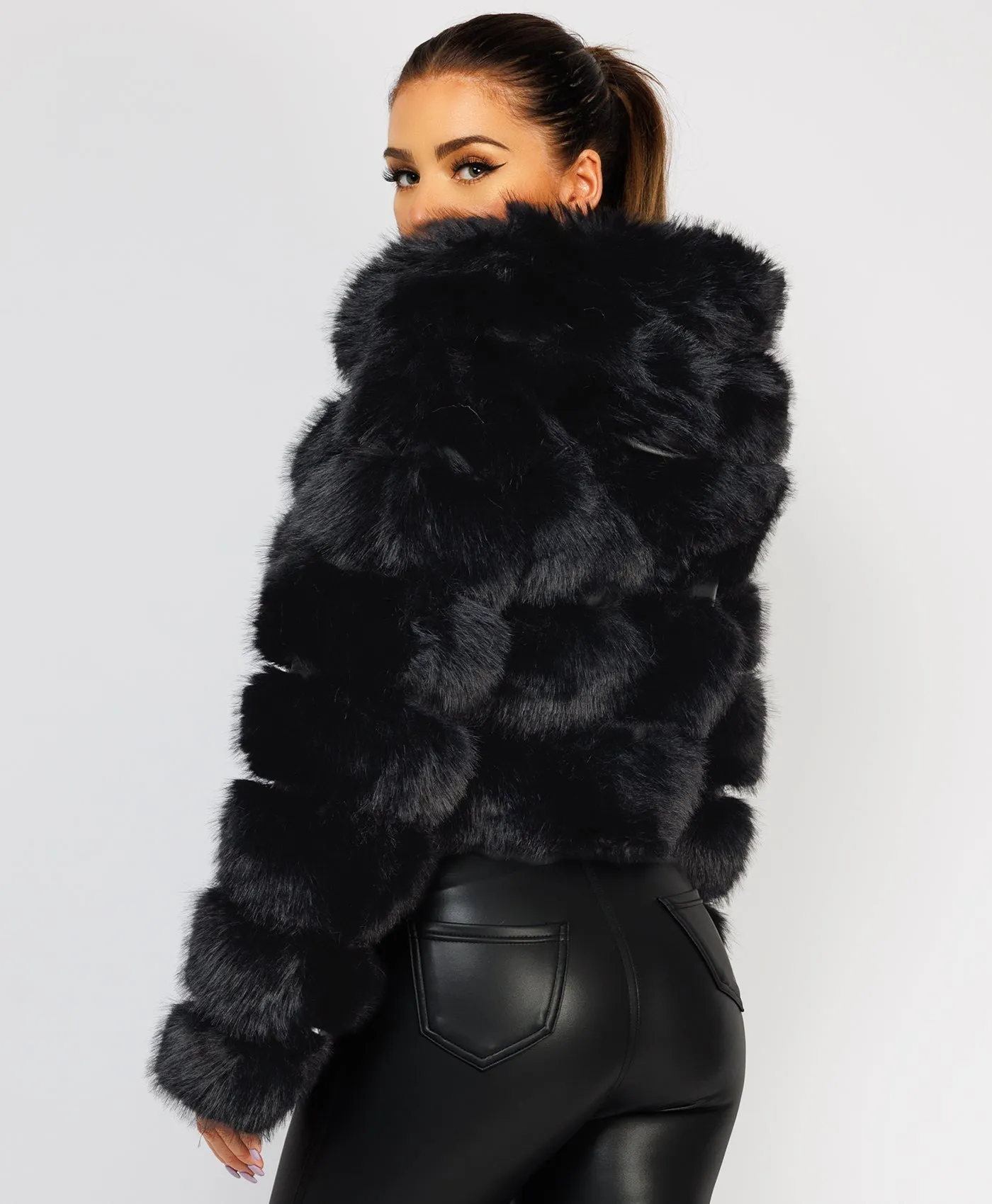 Black Premium Hooded Faux Fur Tiered Coat Jacket