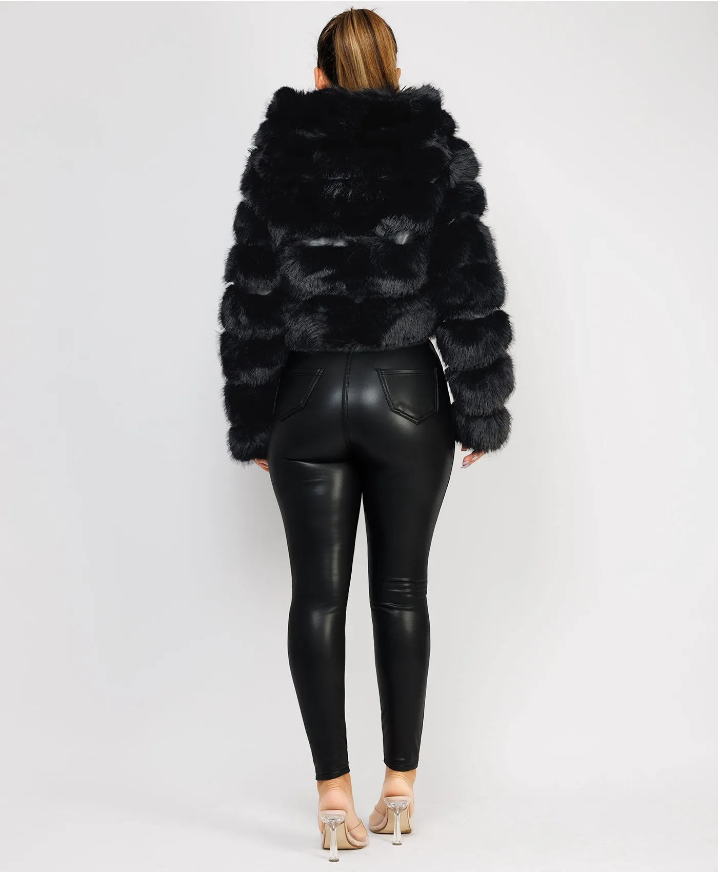 Black Premium Hooded Faux Fur Tiered Coat Jacket