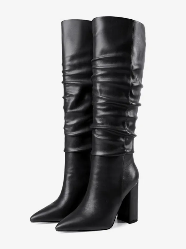 Black Ruched Knee High Boots Chunky Heel Pointed Toe Boots For Women