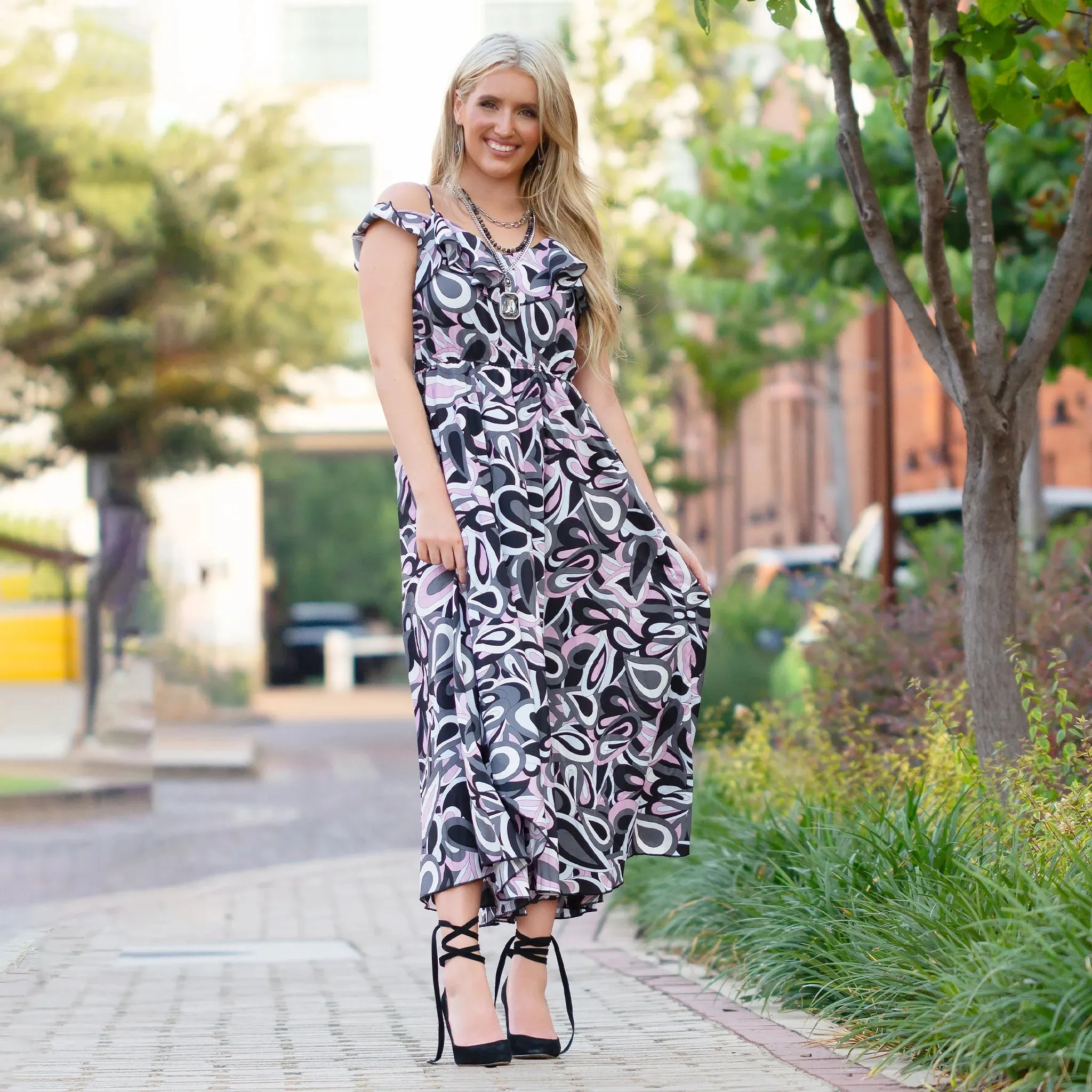 Black, White, Grey printed Maxi Dress