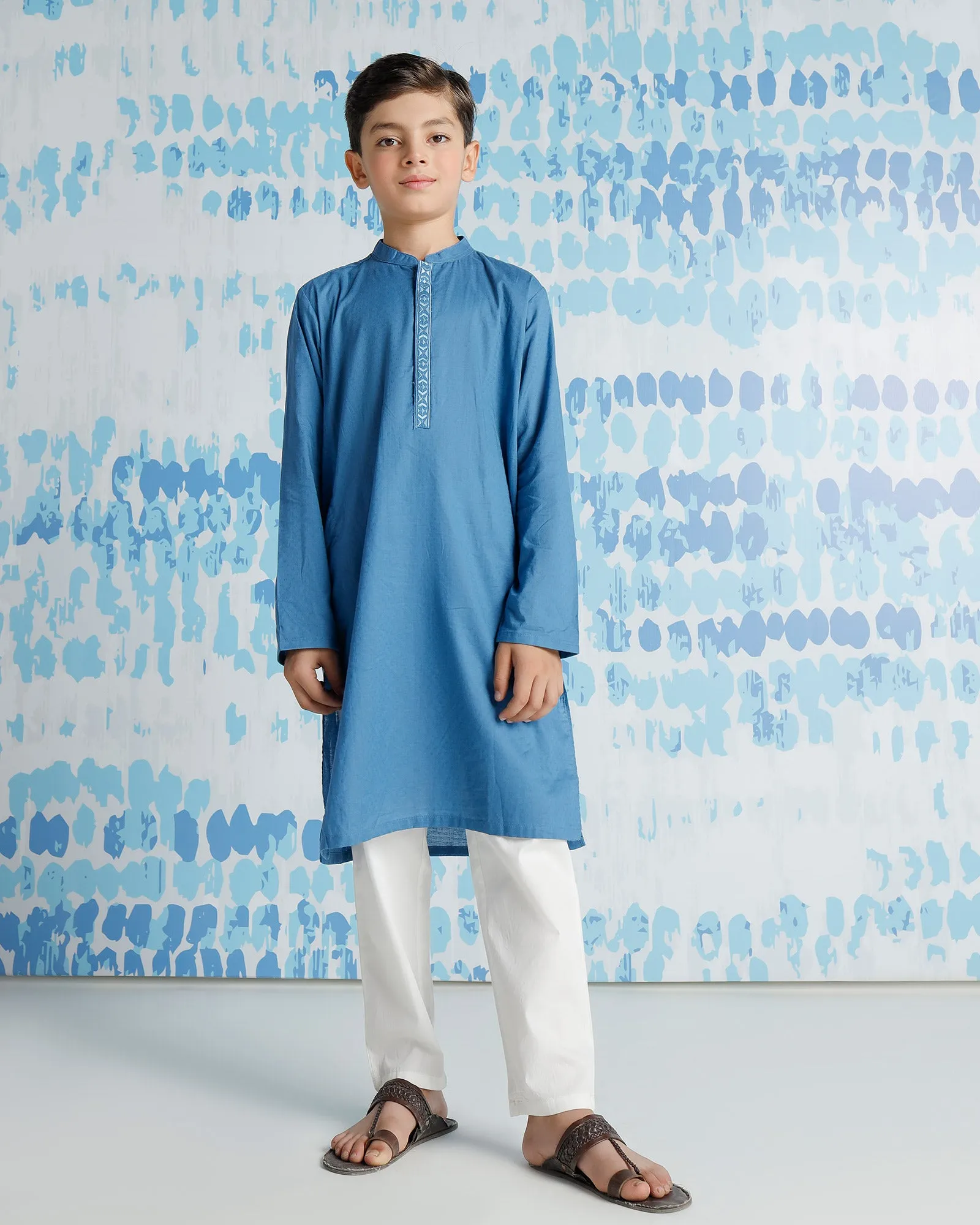 Blue Embroidered Neckline Kurta