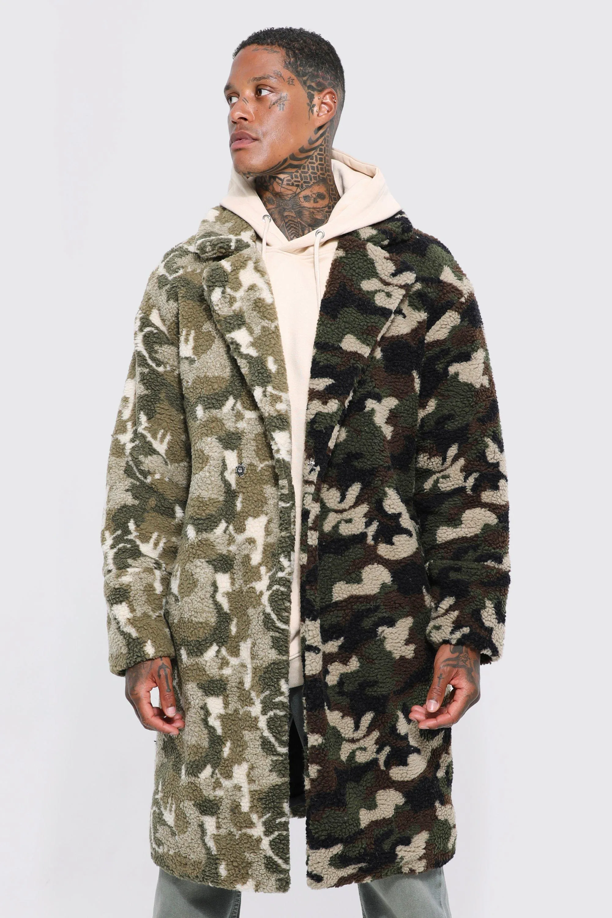 Camo Spliced Borg Longline Coat | boohooMAN UK