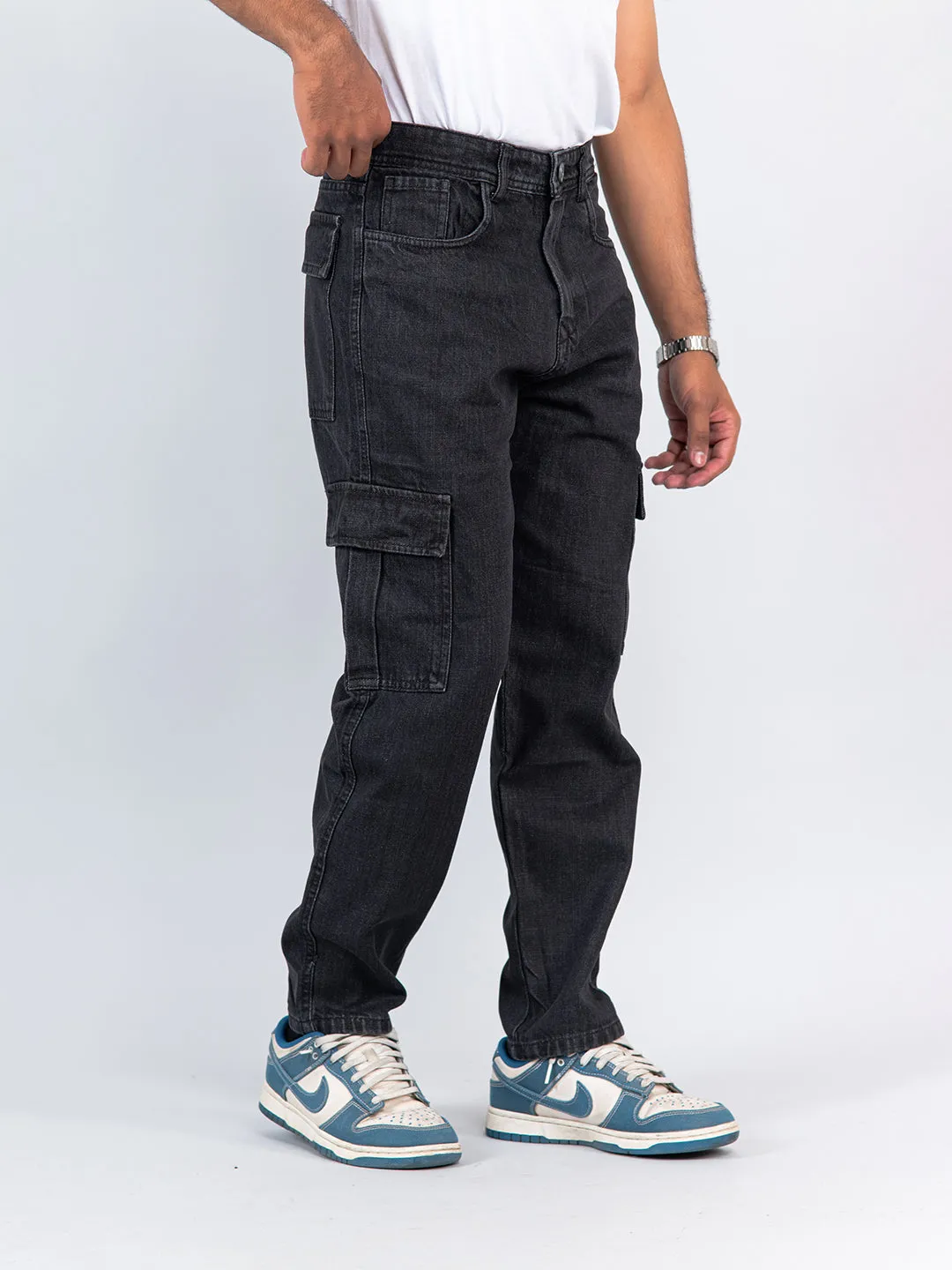 Carbon Black Baggy-Fit Cargo Denim Jeans