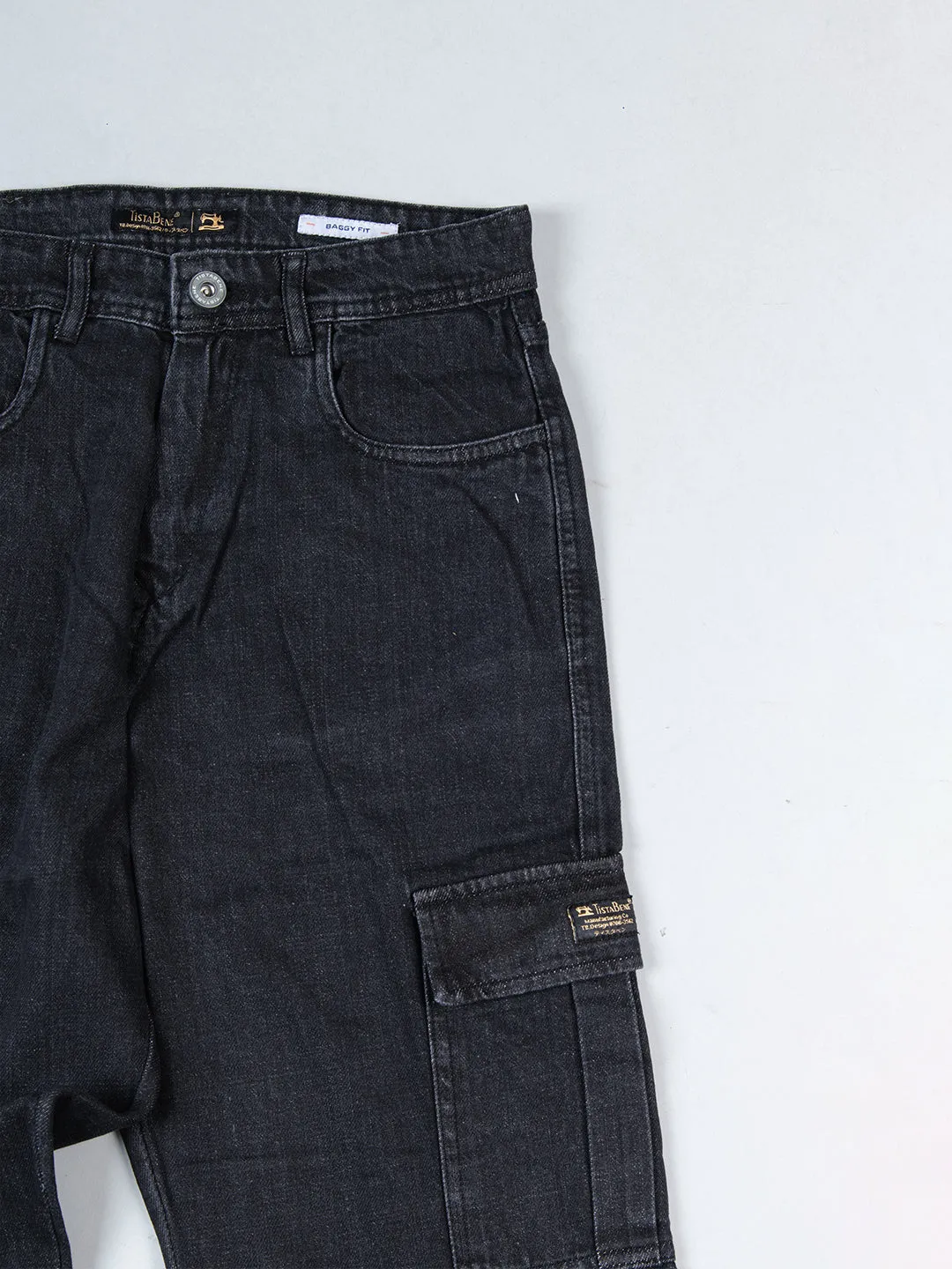 Carbon Black Baggy-Fit Cargo Denim Jeans