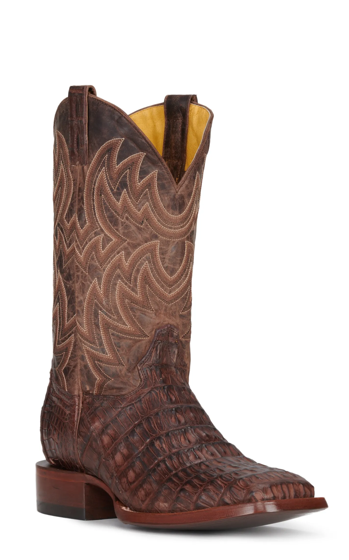 Cavender's Men's Chocolate and Cigar Reverse Caiman Tail Wide Square Toe Exotic Cowboy Boots