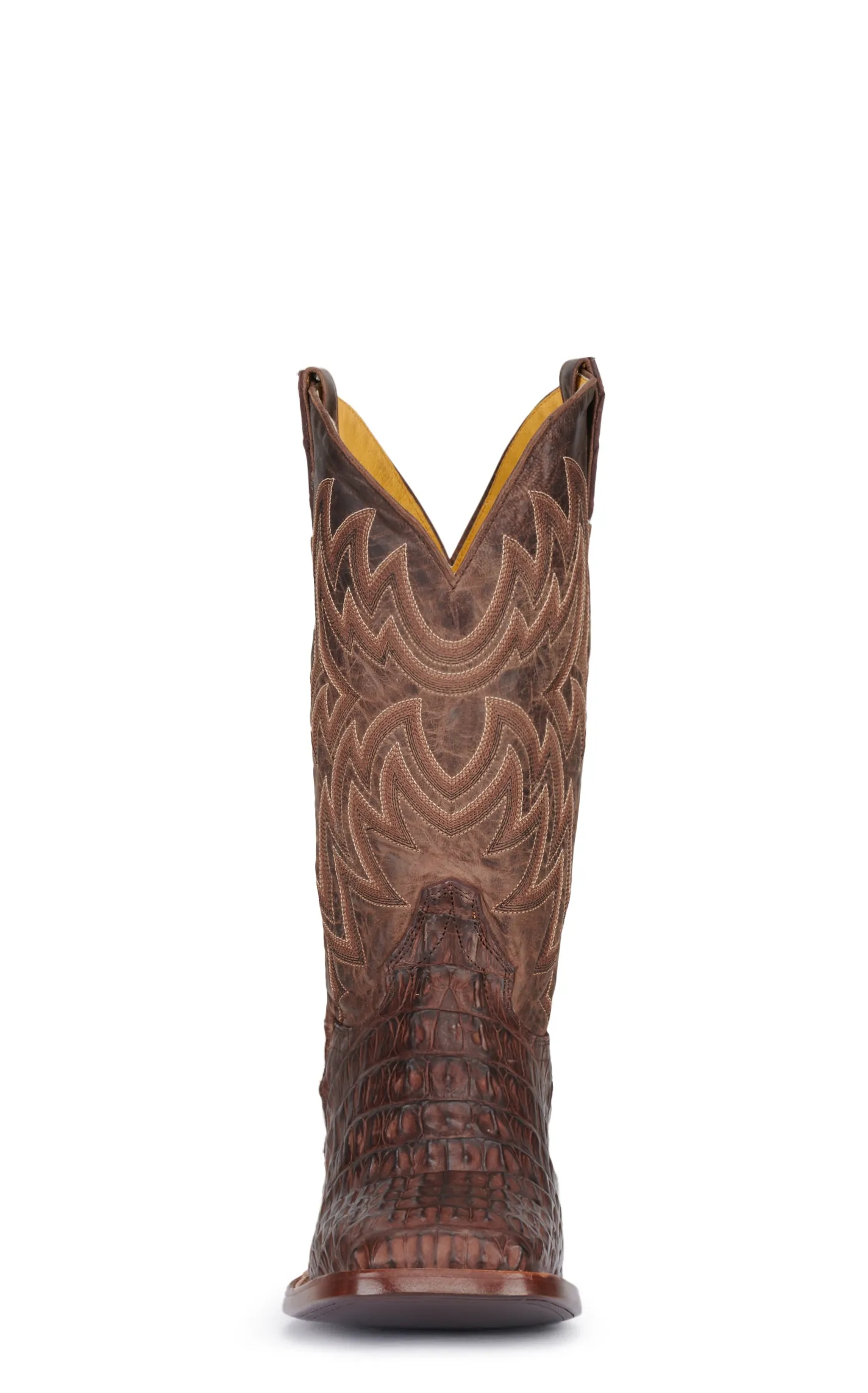 Cavender's Men's Chocolate and Cigar Reverse Caiman Tail Wide Square Toe Exotic Cowboy Boots