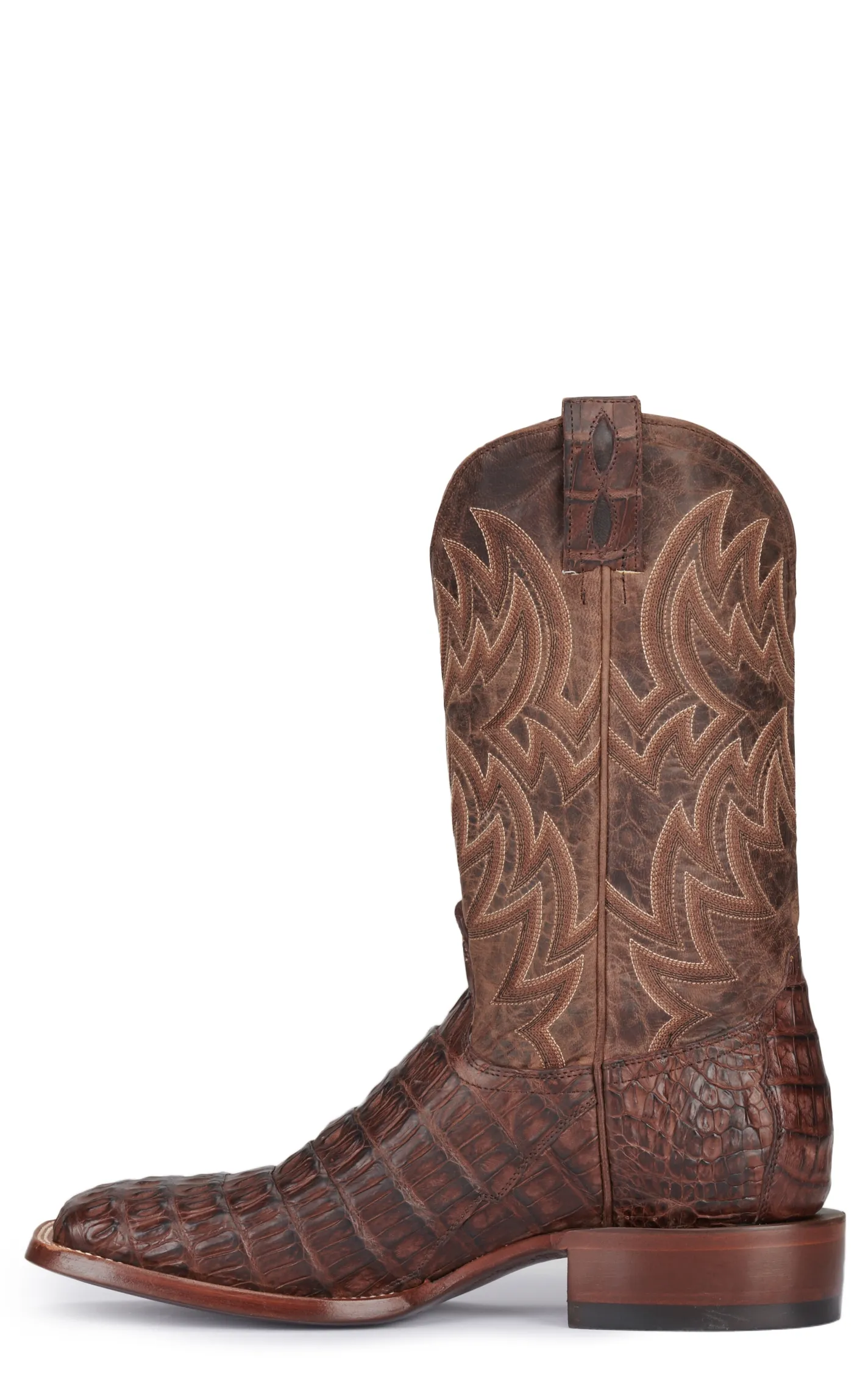 Cavender's Men's Chocolate and Cigar Reverse Caiman Tail Wide Square Toe Exotic Cowboy Boots