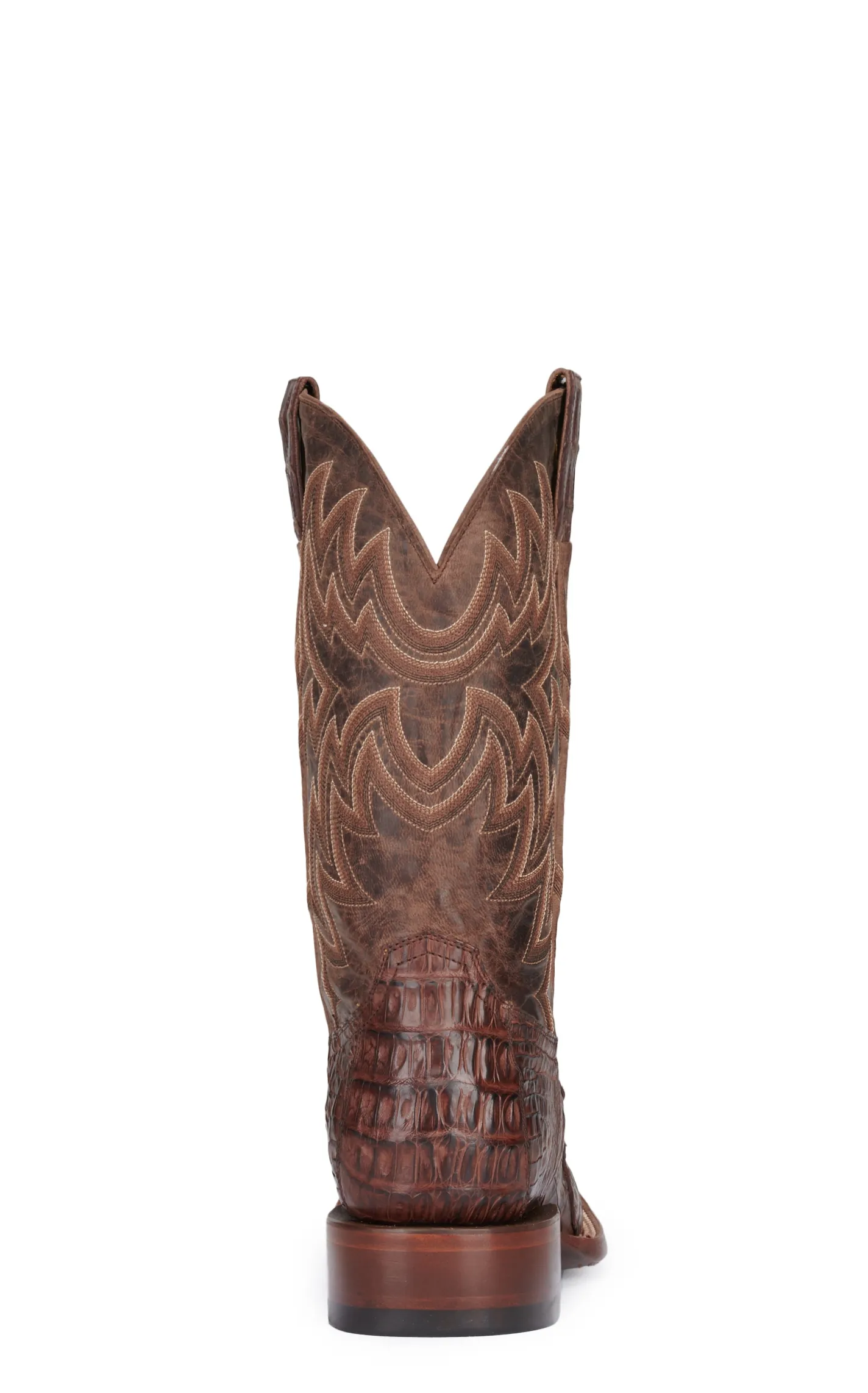 Cavender's Men's Chocolate and Cigar Reverse Caiman Tail Wide Square Toe Exotic Cowboy Boots