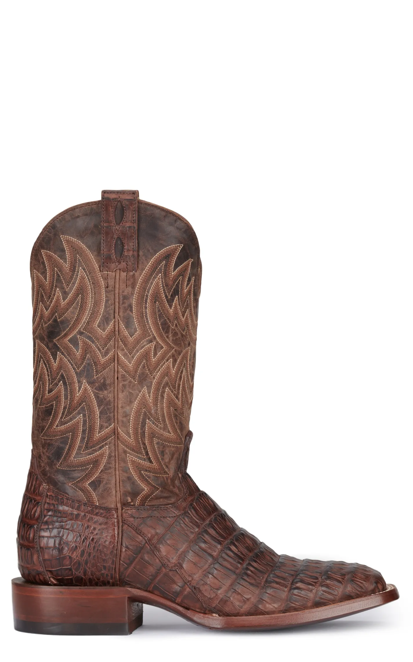 Cavender's Men's Chocolate and Cigar Reverse Caiman Tail Wide Square Toe Exotic Cowboy Boots