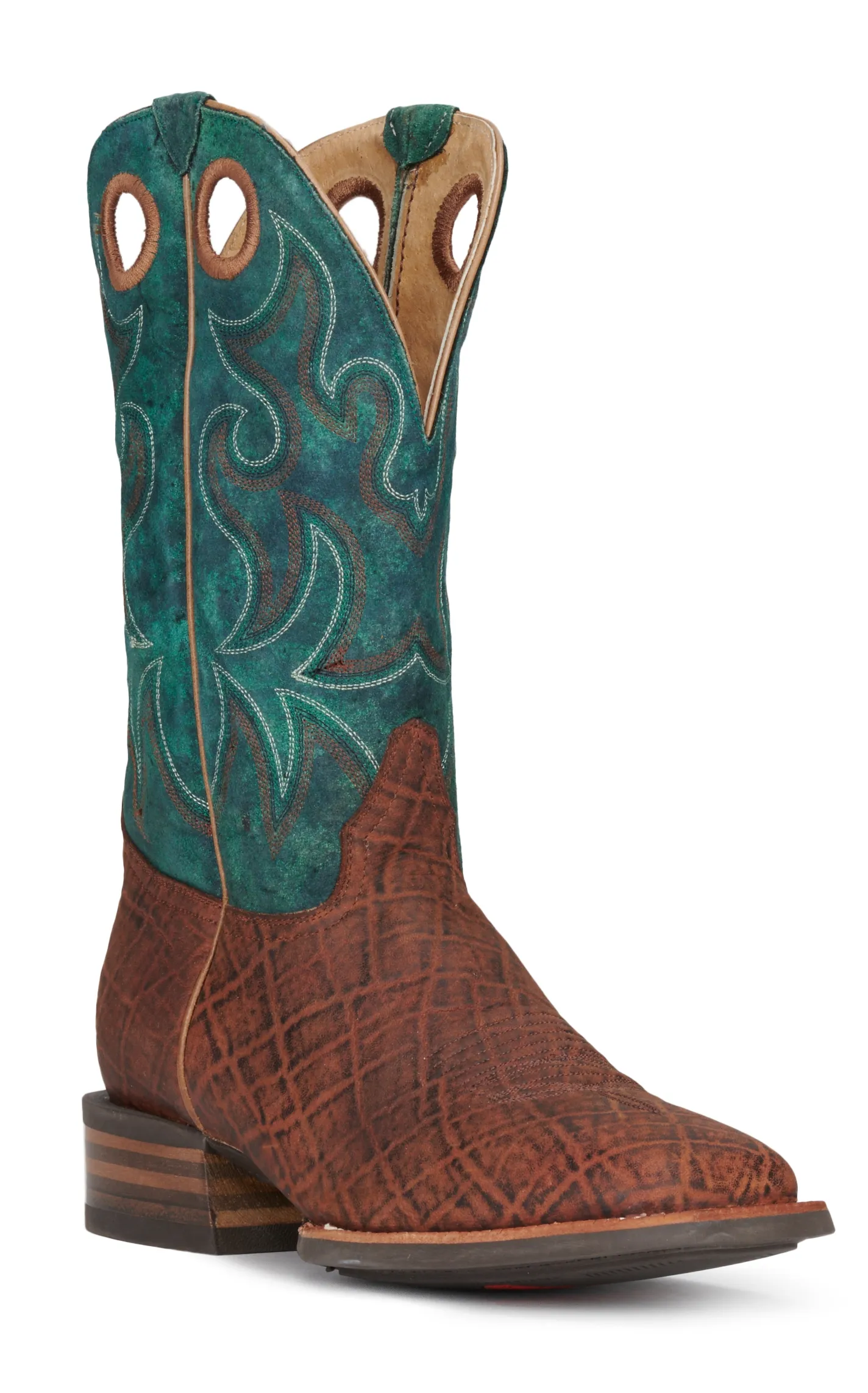 Cavender's Men's Intrepid Cognac Elephant Print and Green Suede Wide Square Toe Cowboy Boots