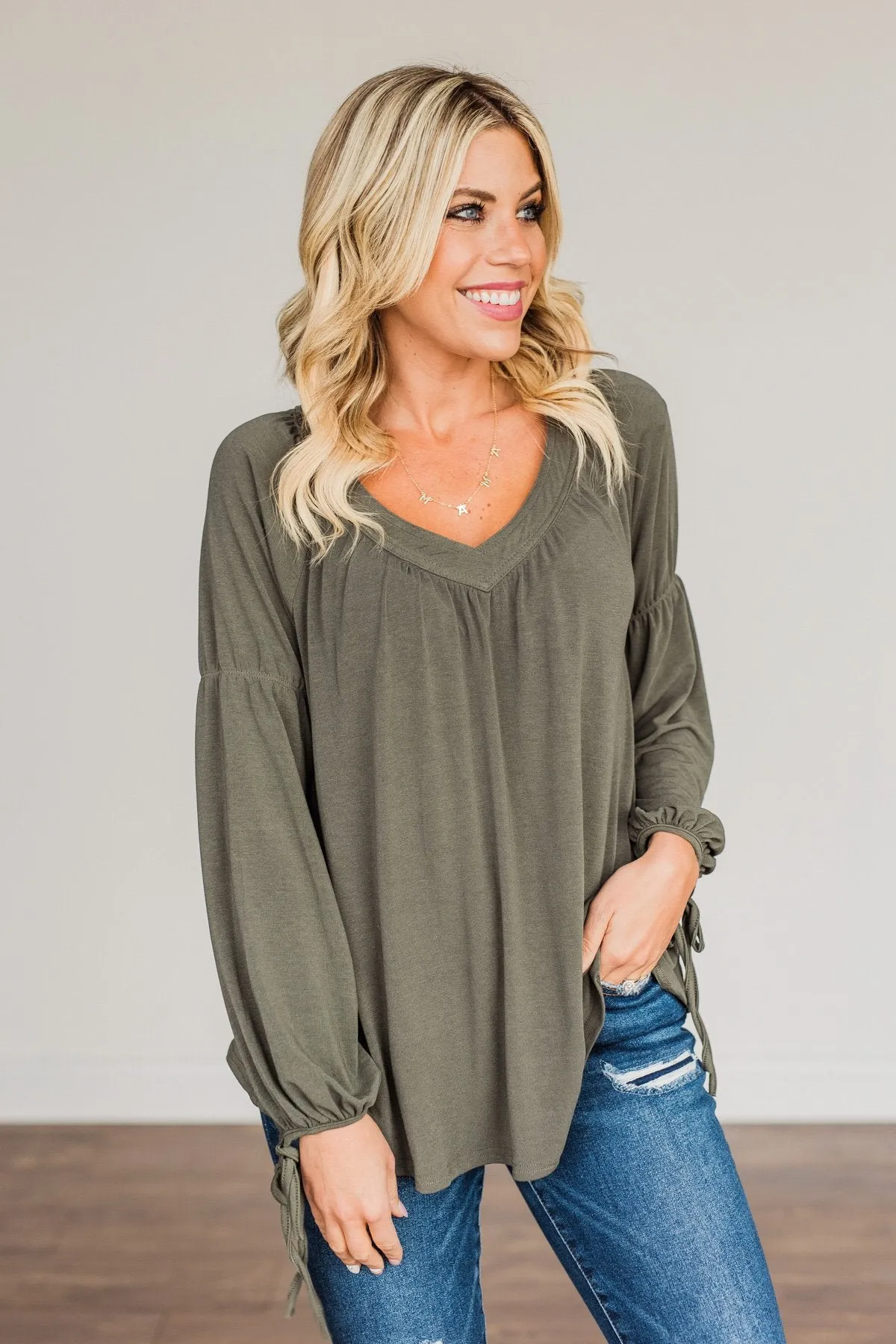 Charming Adventure Long Sleeve Top- Olive