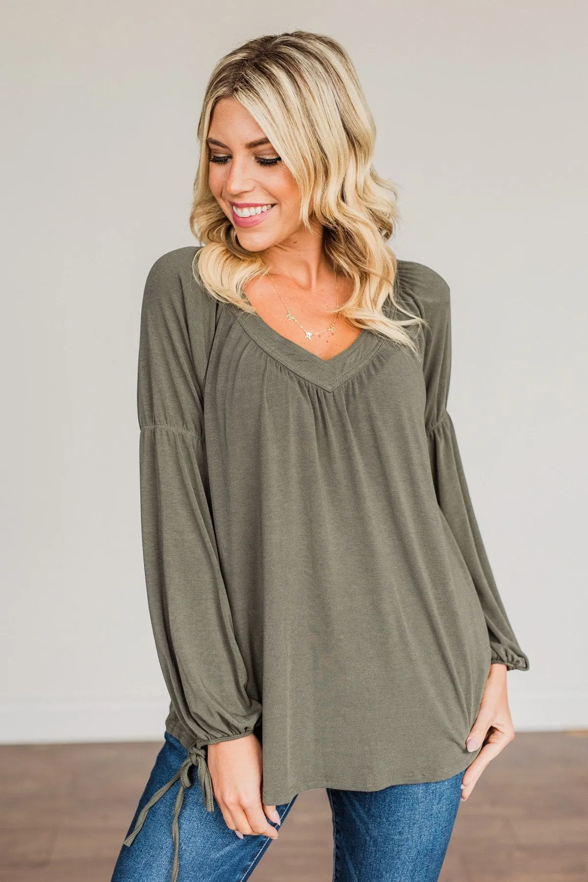 Charming Adventure Long Sleeve Top- Olive