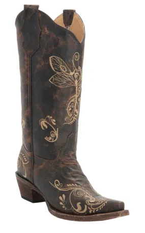 Circle G by Corral Women's Distressed Brown with Bone Dragonfly Embroidered Snip Toe Cowboy Boots