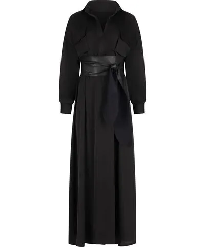 Clothes by Locker Room Women's Elegant Maxi Black Shirt Dress With Vegan Leather Belt