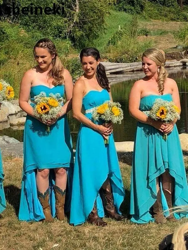 Country Style Hi-Lo Strapless Bridesmaid Dress with Boots