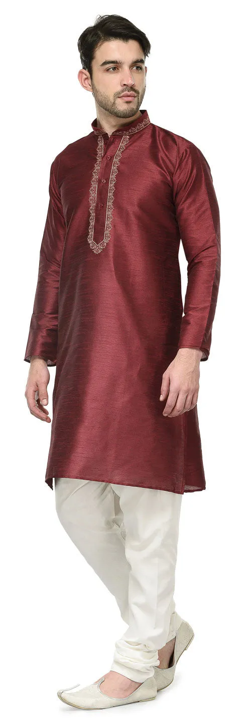 Dupion Silk Mens Party Wear Kurta Pyjama Indian Clothes (Maroon)