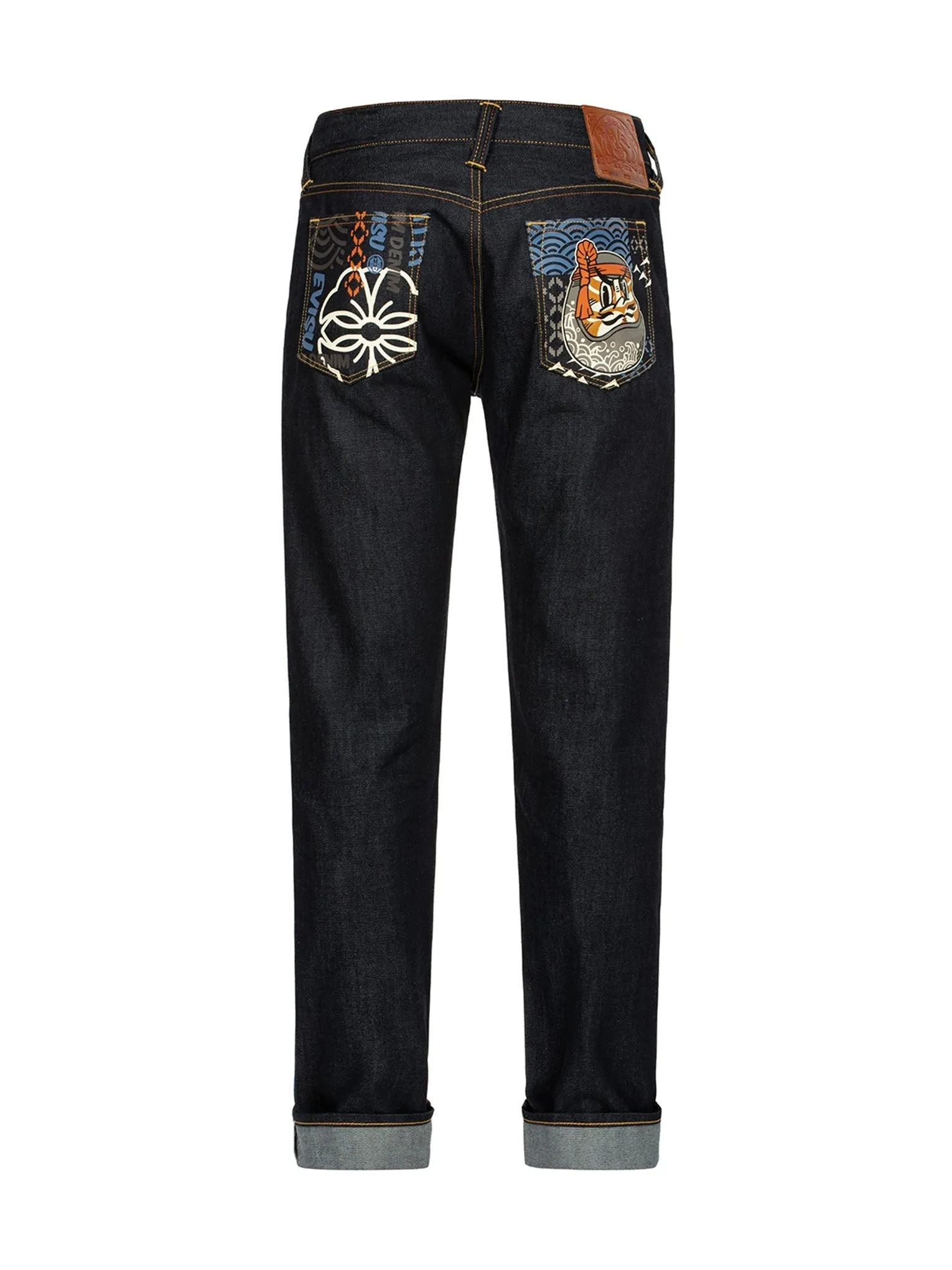 Fair Isle Pattern and Kumadori Daruma Print Slim Fit Denim Jeans #2010