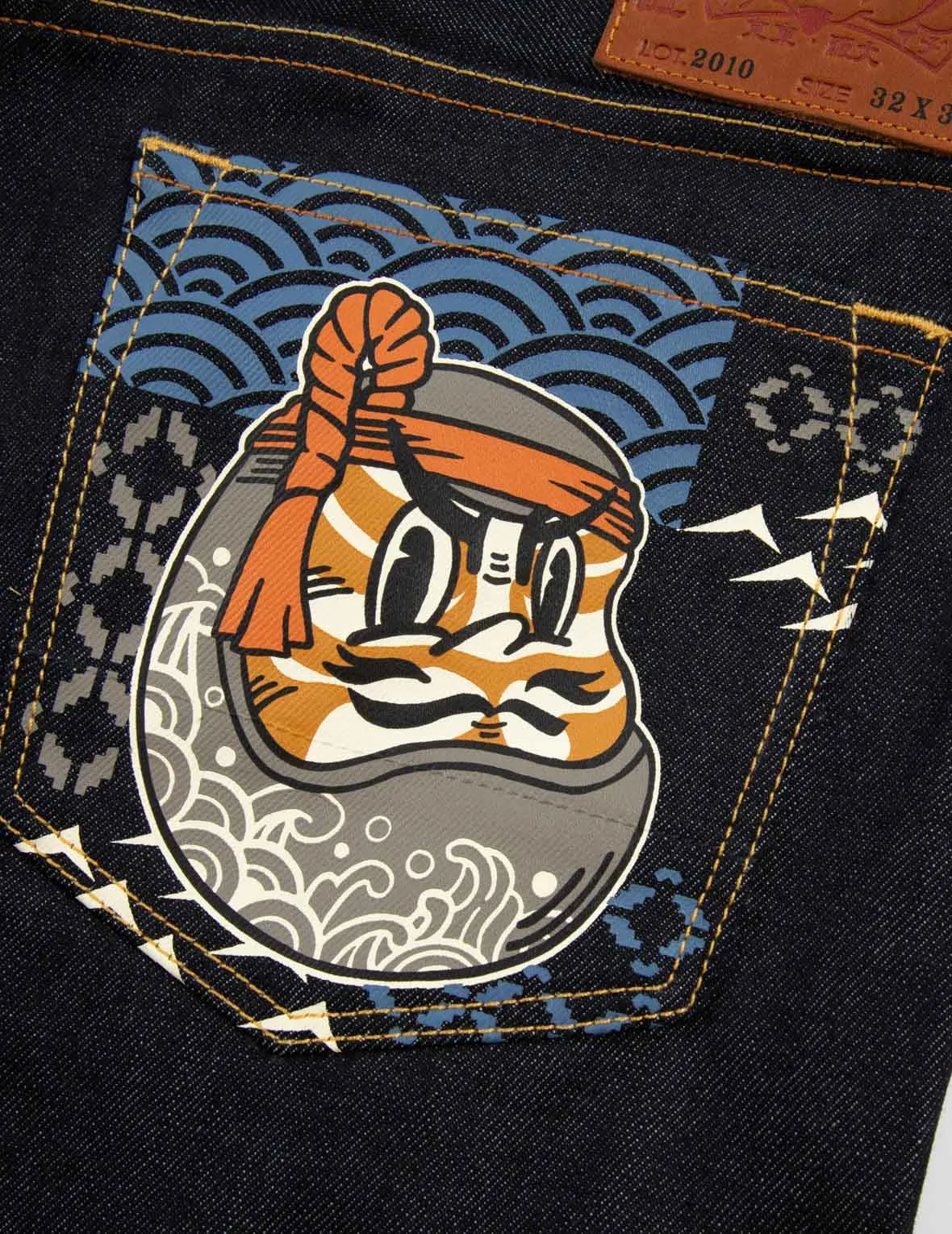 Fair Isle Pattern and Kumadori Daruma Print Slim Fit Denim Jeans #2010