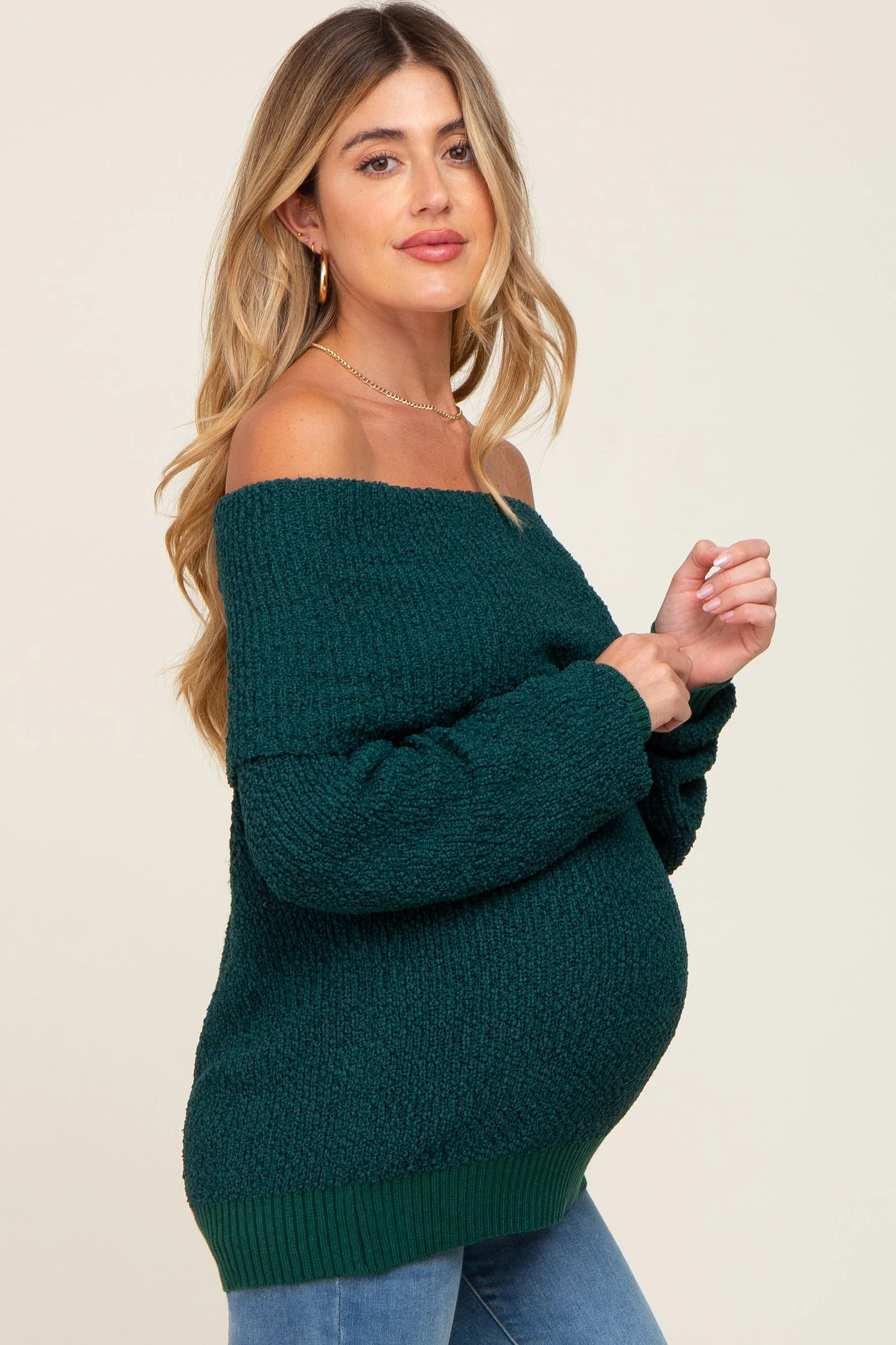 Forest Green Foldover Off Shoulder Maternity Sweater