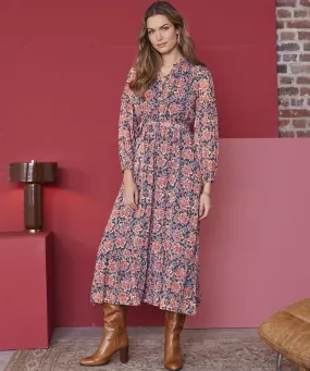 Frill Neck Long Sleeved Print Dress