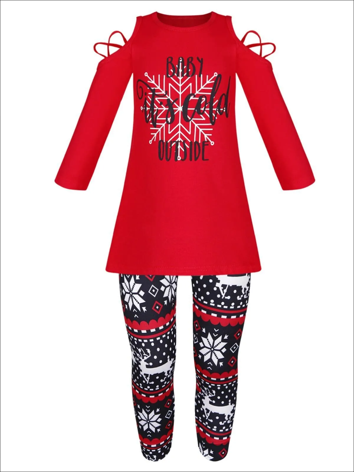 Girls Baby it's Cold Outside Cold Shoulder Long Sleeve Top And Reindeer Print Legging Set