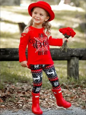 Girls Baby it's Cold Outside Cold Shoulder Long Sleeve Top And Reindeer Print Legging Set