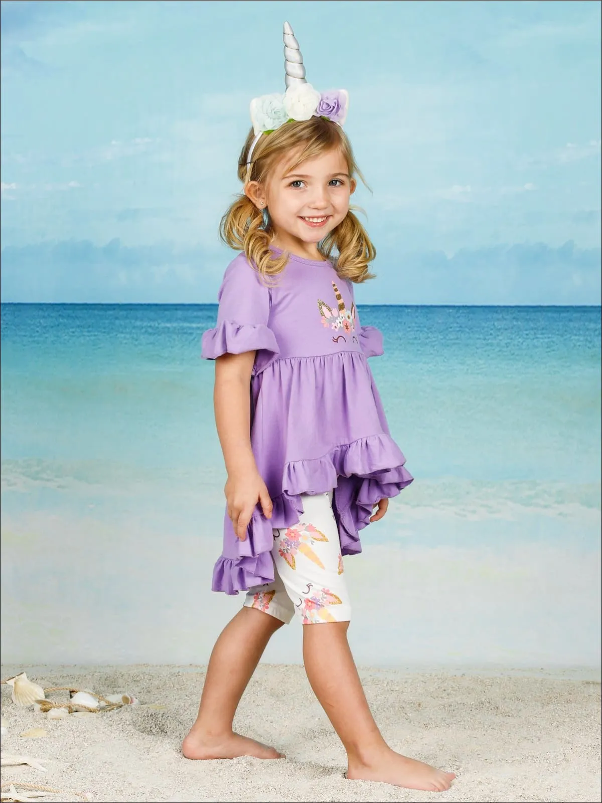 Girls Floral Shiny Unicorn Ruffled Hi-Lo Tunic And Capri Legging Set