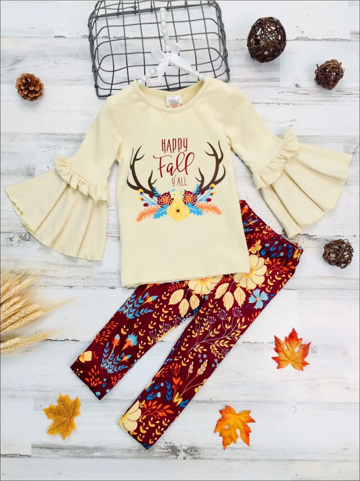 Girls Happy Fall Ya'll Floral Reindeer Print Bell Sleeve Top And Floral Legging Set