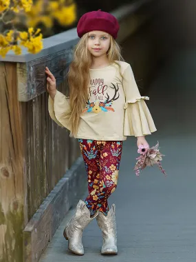 Girls Happy Fall Ya'll Floral Reindeer Print Bell Sleeve Top And Floral Legging Set