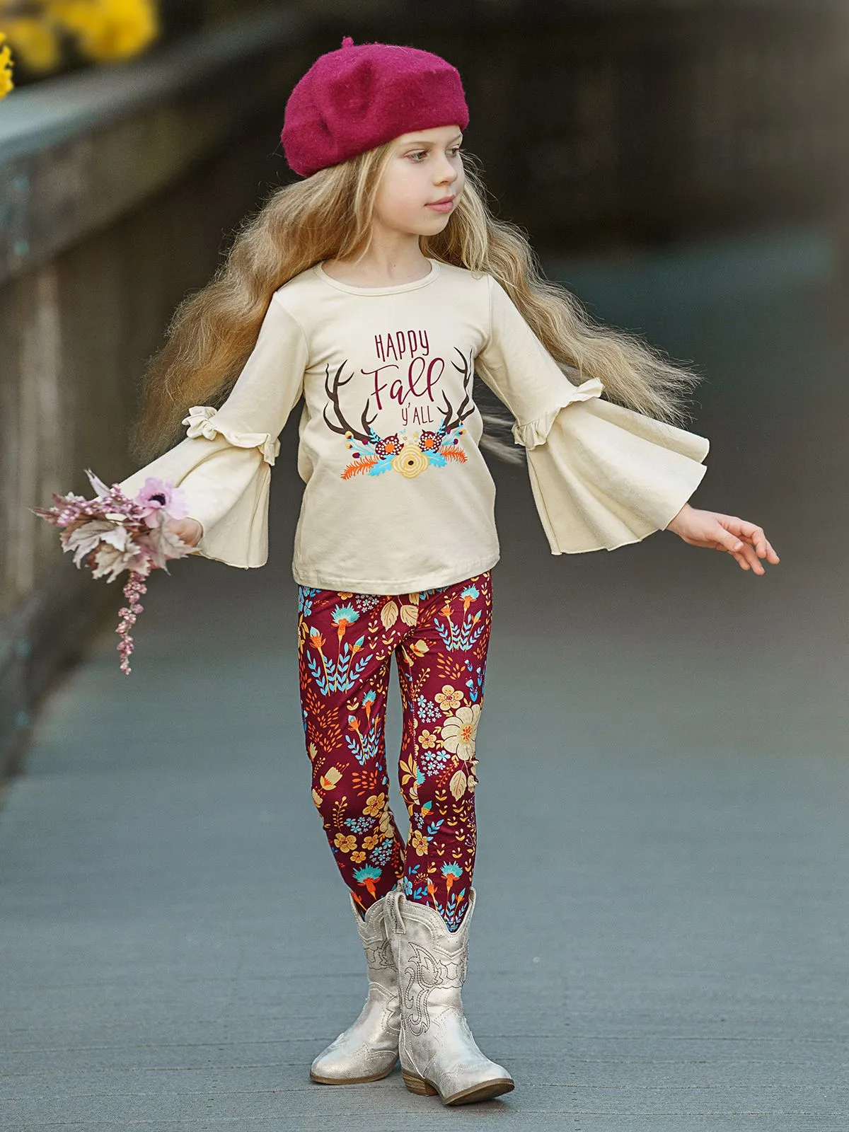 Girls Happy Fall Ya'll Floral Reindeer Print Bell Sleeve Top And Floral Legging Set