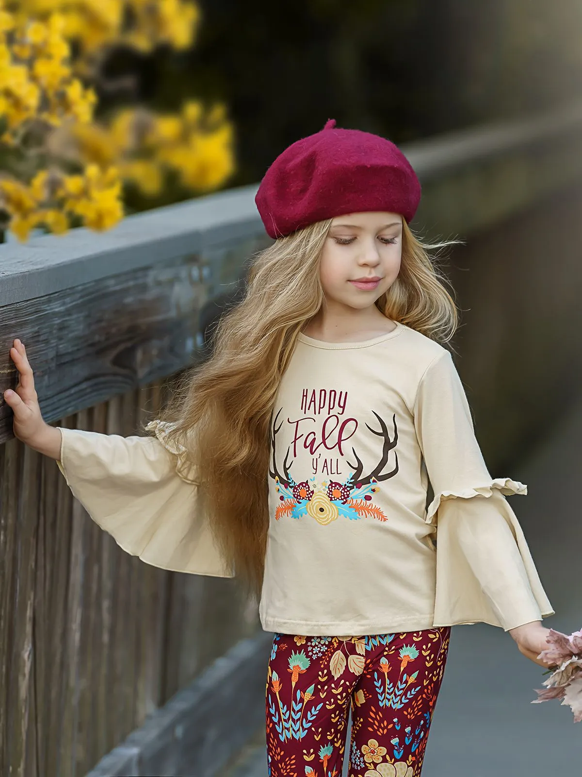 Girls Happy Fall Ya'll Floral Reindeer Print Bell Sleeve Top And Floral Legging Set