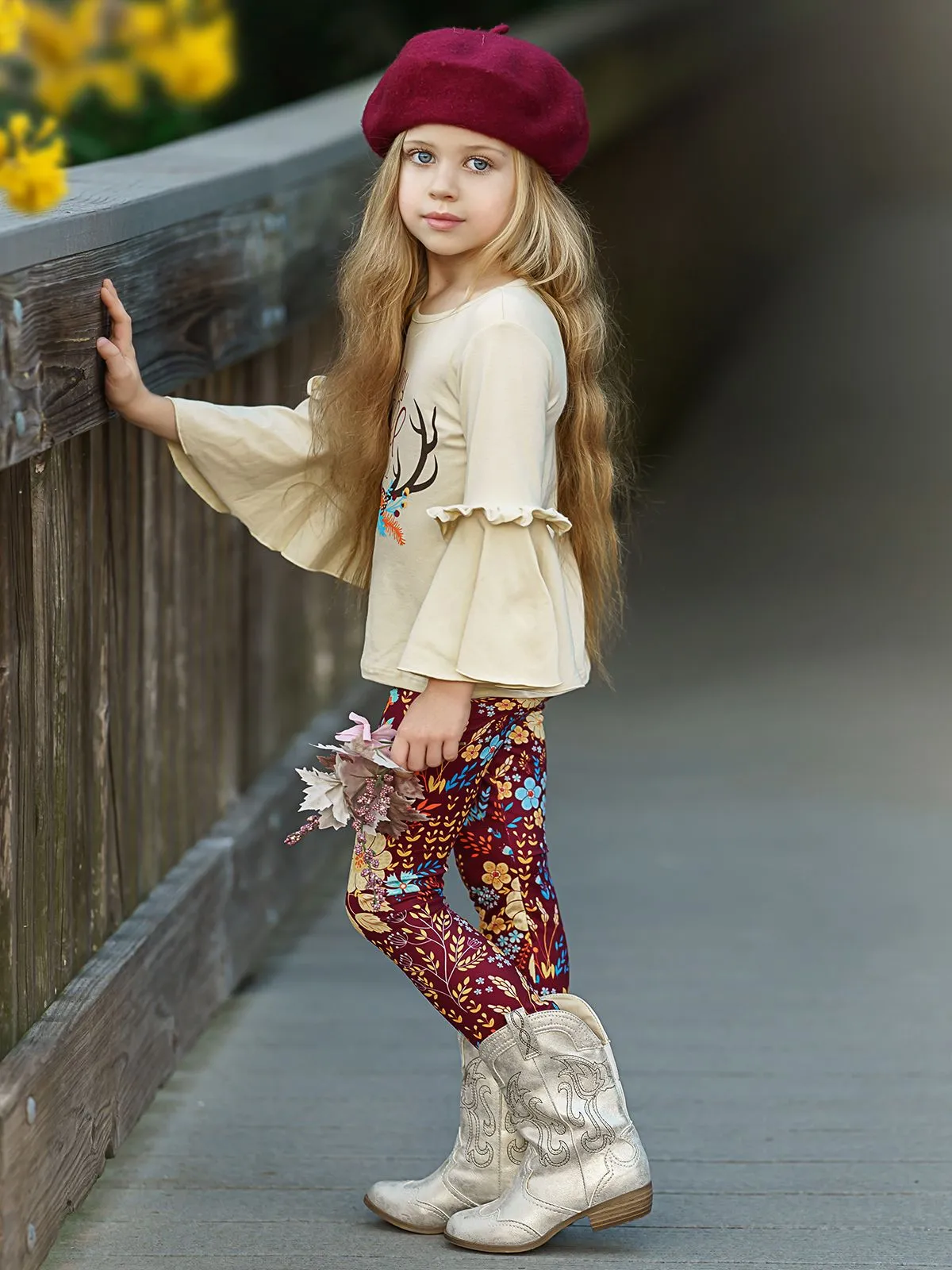 Girls Happy Fall Ya'll Floral Reindeer Print Bell Sleeve Top And Floral Legging Set